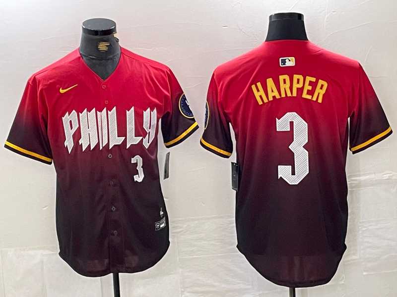 Mens Philadelphia Phillies #3 Bryce Harper Red 2024 City Player Number Cool Base Jersey